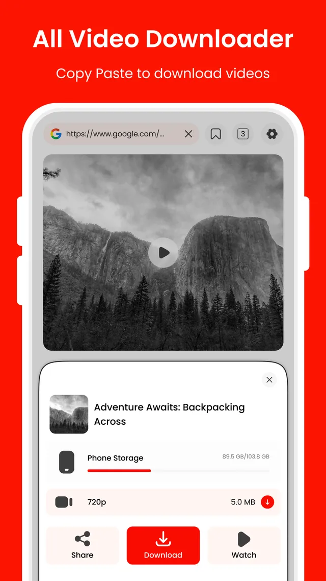 In-app browser with the download sheet open, showing storage use, a 720p option and Share, Download and Watch buttons